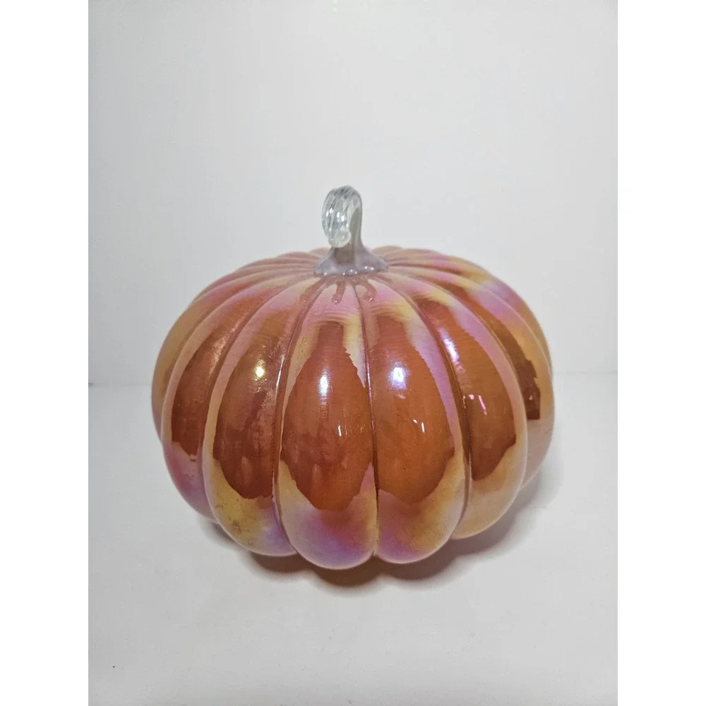 Orange Pink Iridescent Glass Pumpkin Light Up LED Amber Luster Fall Decor 8